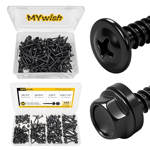 Mywish 100Pcs #10×2" Black Self Tapping Screws for Metal & 155 Pieces #8#10 Hex Head Self Drilling Screws Assortment Kit, 410 Black Metal Screw Oxide Stainless Steel Truss Head Self Drilling Screws