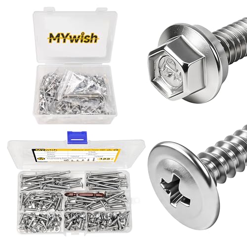 Mywish 200pcs #10×1" Self Tapping Screws for Metal & 155Pcs #10 Modified Sheet Metal Screws Assortment Kit, 1/2" to 2" Truss Head Screws, 410 Stainless Steel Self Tapping Screws for Metal Wood, Hex Wa