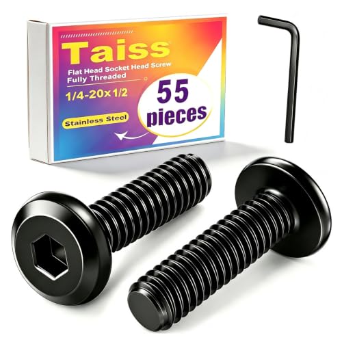 Taiss 55pcs 1/4-20x1/2" Flat Head Socket Head Screw,Furniture Bolts,Furniture Screws 304 Stainless Steel,1/4 Bolts Black Zinc Plated Fully Threaded,Countersunk Connector Screws with Hex Spanner