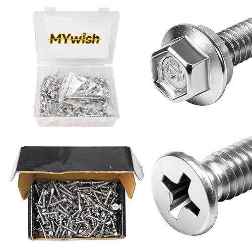 Mywish 200pcs #10×1" Self Tapping Screws for Metal & (250Pcs) #10 x 1 Self Tapping Screws for Metal, Flat Phillips Head 410 Stainless Steel Sheet Metal Screws, Sheet Metal Screws, Hex Washer Head Self