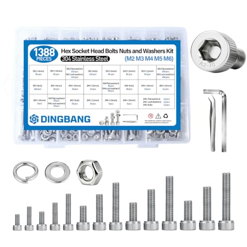 1388Pcs (M2 M3 M4 M5 M6) Metric Screw Assortment Kit,304 Stainless Steel Hex Socket Head Cap Assorted Nuts Bolts and Flat Washers Kit,Hardware Set for 3D Printer,Home Furniture,Industrial Uses etc