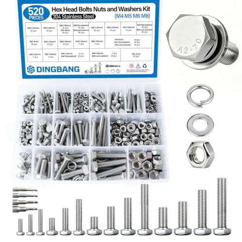 520pcs M4 M5 M6 M8 Hex Bolts and Nuts Assortment Kit, 4 Most Popular Sizes 304 Stainless Steel Assorted Metric Screws, Nuts and Flat & Lock Washers,Length 10-40mm with 4 Screw Driver bits