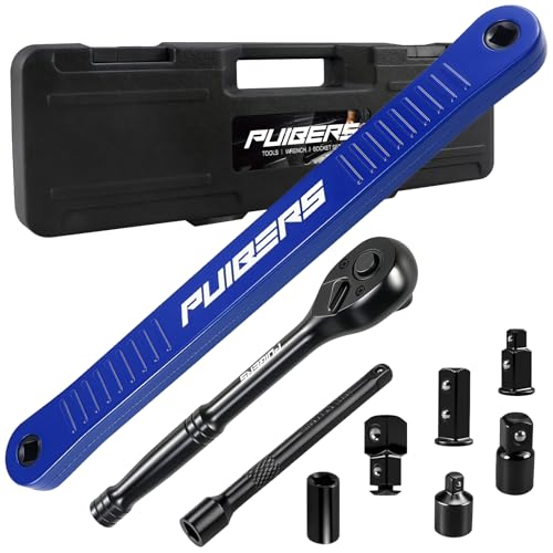 9 Pcs Offset Extension Wrench Set, Chain Drive 13.2" Wrench, 3/8" Ratchet Wrench with 5" Extension Bar, 1/4" 3/8" 1/2" Adapters, Automotive Repair Tool Kit for Tight & Hard-to-Reach Spaces