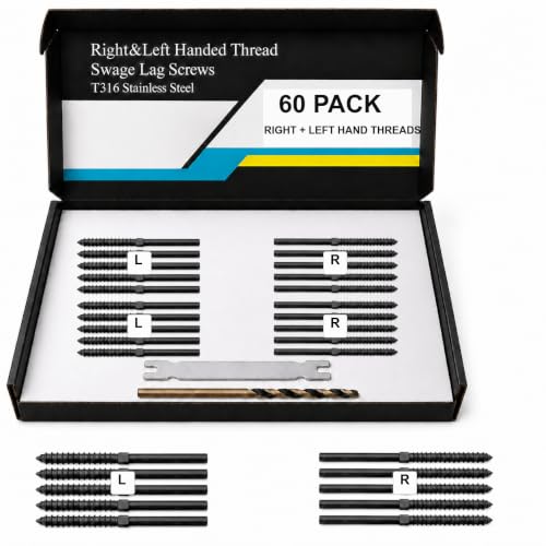 ZONEGRACE 60 Pack Black Cable Railing Hardware, Cable Rail Kit for Wood Posts with T316 Right & Left Handed Swage Lag Screws and Crimp Tensioner Terminals for 1/8 Inch Wire Rope