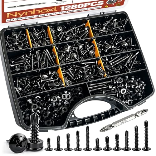 1280pcs #8#10 Self Tapping Screws for Metal, 410 Stainless Steel Truss Head Self Drilling Screws, 11 Sizes 1/2" - 1-1/2" Sheet Metal Screws Assortment Kit with Washers Black