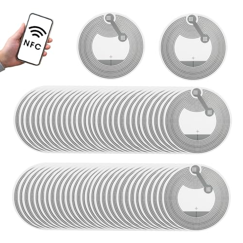 NFC Tag Stickers, Pack of 60, NTAG213 Chips Programmable NFC Stickers, for Smart Home Automation and Office Efficiency, 25 mm NFC Cards with Rewritable Function
