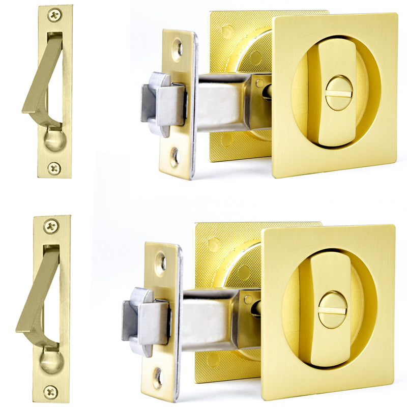 Dontay Pocket Door Privacy Lock, Flush Handles, 2-3/8" Backset, (Bed/Bath) Latch, Recessed Knob, Hardware for 1 3/8” to 2 3/16” Thickness Door (Including Edge Pull, Satin Brass, Square) Square - 2 Pack Including Edge Pull