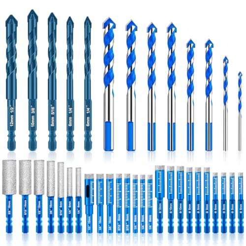 38 Pcs Diamond Drill Bits Set, Professional Concrete Drill Bit Set, Multiple Sizes Masonry Drill Bit Set, Industrial Strength Carbide Drill Bits Tip for Ceramic Glass Porcelain Tile Metal Plastic Wood 38 Pcs, Blue