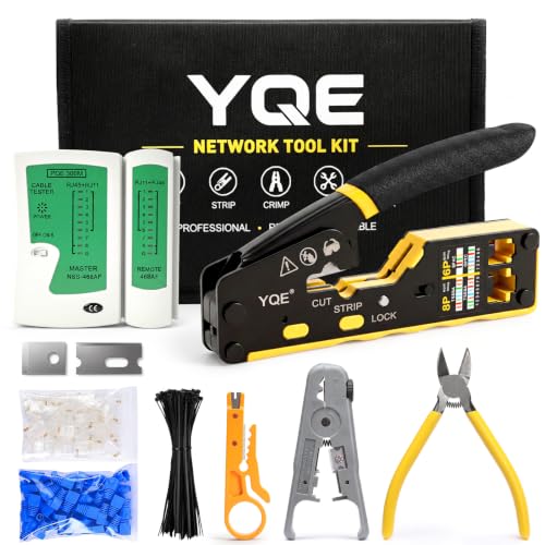 YQE RJ45 Crimp Tool Kit, Pass Through Ethernet Crimper, Crimping Tool, Network Tool Kit for Cat5, Cat5e, Cat6, RJ45, RJ11, RJ12 w/Carrying Case, Cable Tester, Stripper, Cutter, 50 Connectors & Boots 10 IN 1 Set