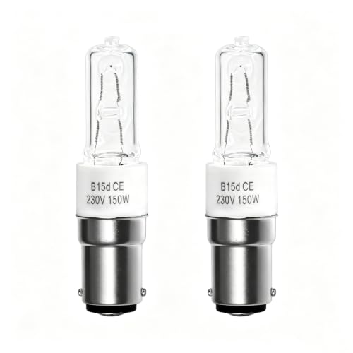 Caldarax Pack of 2 B15d Dimmable Light Bulbs, 150 Watt, Warm White 2700 K, AC 230 V, Clear Light Centre Ceram Base, B15d Halogen Lamp for Ceiling Lamp, Chandelier, Sewing Machine Lamp, Wall Lamp