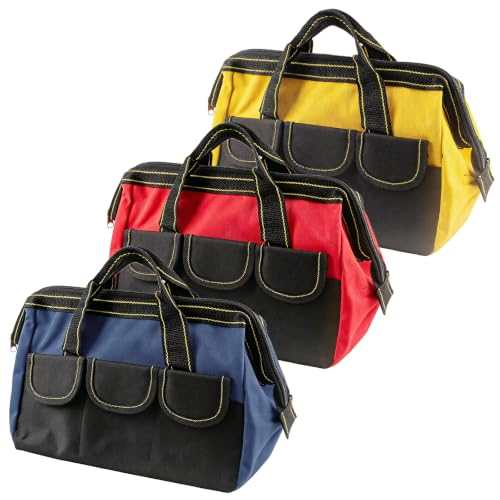 3 Pack 13 Inch Tool Bag, Wide Mouth Tool Tote Bag with Waterproof Base, Heavy Duty Tool Storage Bag Organizer for Various Tools, 5 Pockets, Blue, Yellow, Red