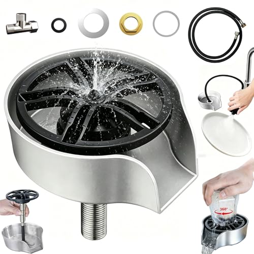 Glass Rinser for Kitchen Sink with Pull-Out Spray, High Pressure 360° Rotating Glass Cup Cleaner Sink Attachment Bottle Washer, Kitchen Sink Accessories Cup Washer Bottle Cleaner for Home Bar, Silver
