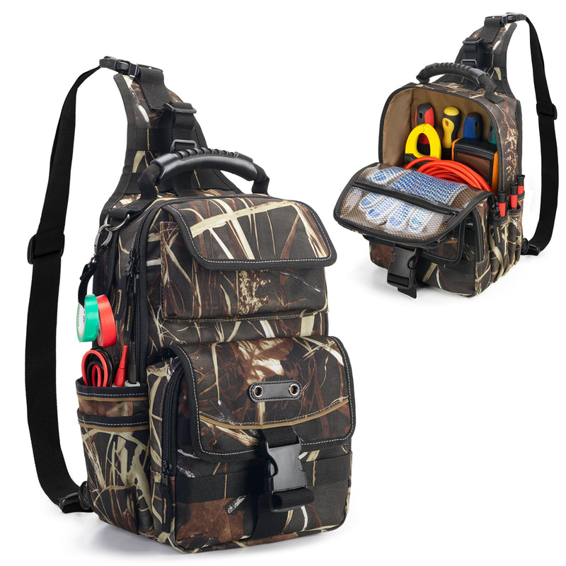 Electrician Tool Pouch Bag, Zippered HVAC Tool Organizer with Ergonomic Handle and Shoulder Strap for Maintenance Repair Technicians, Camouflage (Patent Pending)