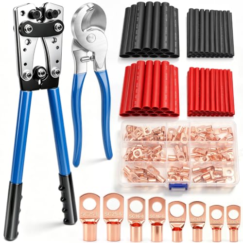 Battery Cable Lug Crimping Tool Kit, 176-Piece Accessory Set with 2 Tools, AWG 10-1/0 Lug Crimper with Cable Cutter, 96 Copper Lugs & 80 Heat Shrink Tubing for Automotive, RV, Marine, Solar 176 Pcs