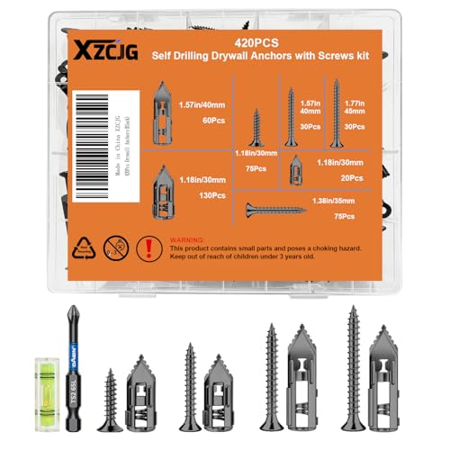 Metal Self Drilling Drywall Anchors with Screws Kit with Bit and Level Black-420Pcs