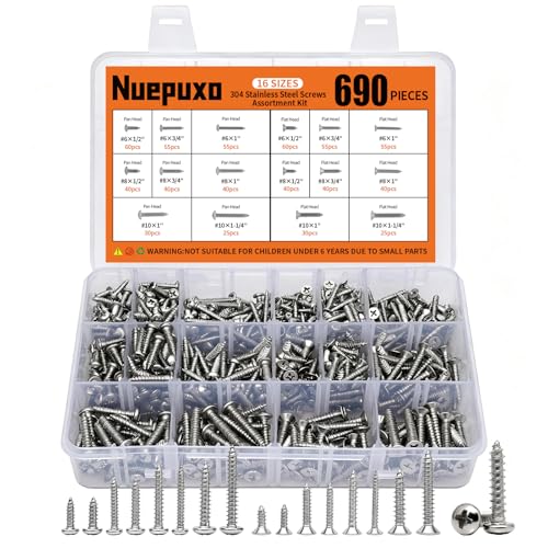 690PCS Wood Screws Assortment Kit, 304 Stainless Steel Screws