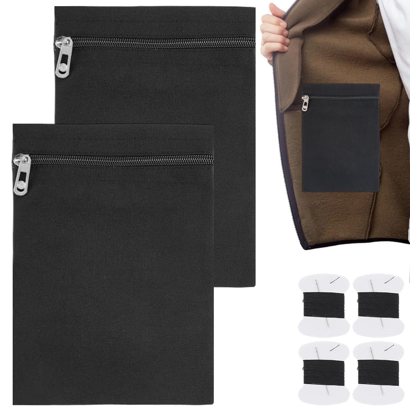 Craspire 2-Piece Sewn-in Side Pocket with Zipper and Thread, Black Coats, Inner Pockets, Hidden Pockets, Travel Security Anti-Theft Bags, Mastectomy Recovery Windbreakers
