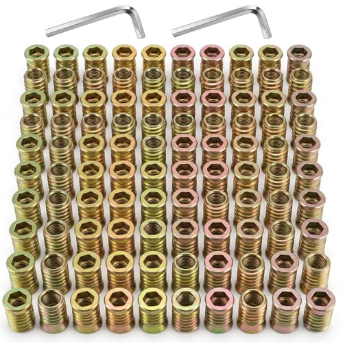 100 Pcs Screw Inserts 3/8-16 x 1 Inch, Carbon Steel Threaded Inserts for Wood Furniture, Hardware Nuts Assortment Kit with 2 Hex Wrenches, Zinc Plated Wood Nut Insert for Soft & Hard Projects