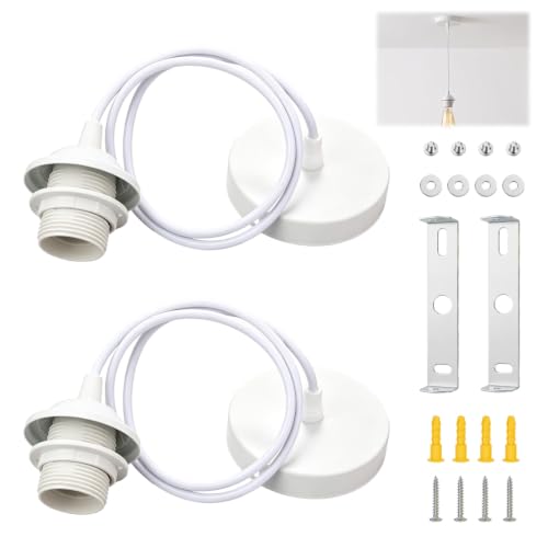 Pack of 2 100 cm E27 Lamp Suspension E27 White, Pendant Light Socket, Screw Ring, Adjustable Cable, Lamp Holder, Pendant Lamp, Ceiling Light for Lampshade, Living Room, Bedroom, Kitchen, Hallway