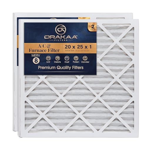 ORAKAA 20x25x1 Inches Air Filter MERV 8, AC Furnace Air Filter Replacement, Pleated HVAC Filters for Home, Dust Pollen Lint Dander, Premium Quality - 2 Pack 20" x 25" x 1"