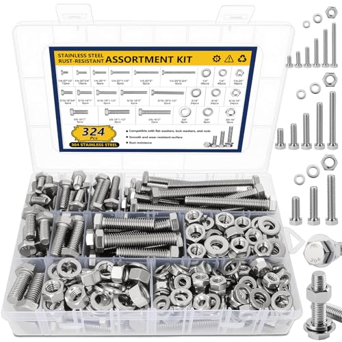 324PCS Hex Nuts and Bolts Assortment Kit, 1/4-20, 5/16-18, 3/8-16 SAE