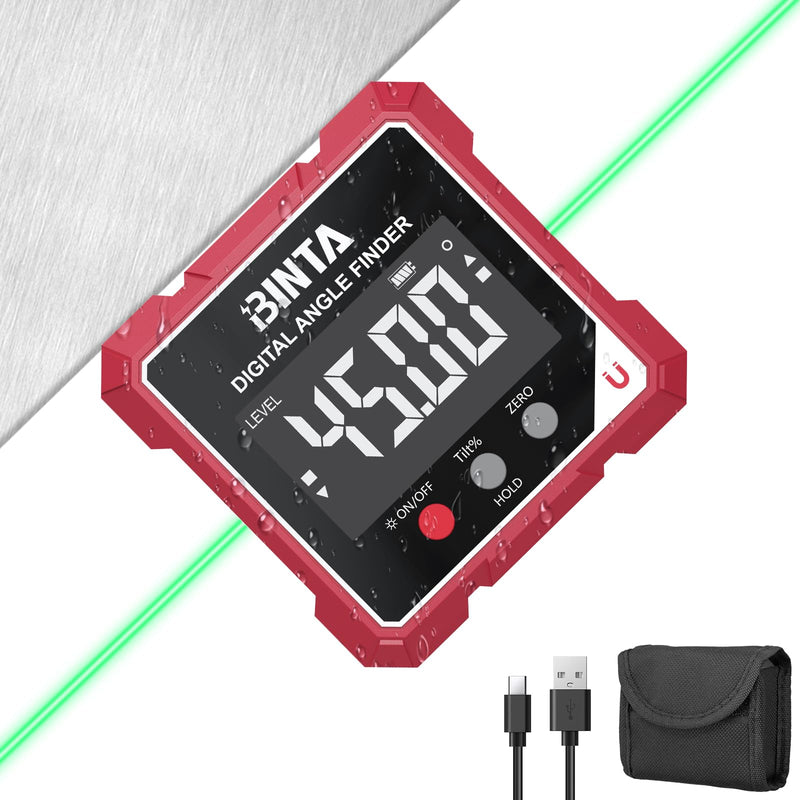 BINTA Digital Angle Finder with Laser, 4-side Magnetic Angle Gauge, USB-C Rechargeable IP54 Waterproof Inclinometer, Table Saw Miter Protractor Laser Level for Woodworking Construction DIY Green Line Black and Red Green-Dual Laser