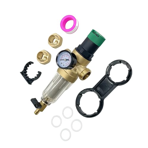 Whole House Spin Down Sediment Filter with Manual Pressure Regulator - Reusable 50 Micron SS Filter screen, BPA-Free Brass Body, Built-in- Gauge, 3/4"NPT（DN20）Ports, Easy Flush Pre-filter