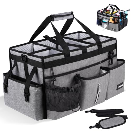 Extra Large Cleaning Caddy Bag with Rigid Support Board, Cleaning Organizer Tote with Detachable Divider, Adjustable Shoulder Strap & Waist Belt, Cleaning Supply Carrier for Cleaners & Housekeepers Light Gray Extra-Large