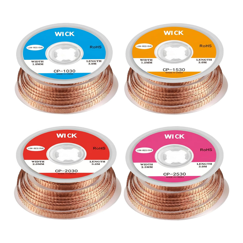 Soldering Wire, 4-Piece Desoldering Braid Set, No-Clean Desoldering Braid, 3M Copper Wire (1.0/1.5/2.0/2.5 mm) Desoldering Wick for Removing Solder and Disassembling Electrical Components | 4 Rollen No-Clean Entlötlitze, 3m Kupfer Entlötdraht (Kupferdr...