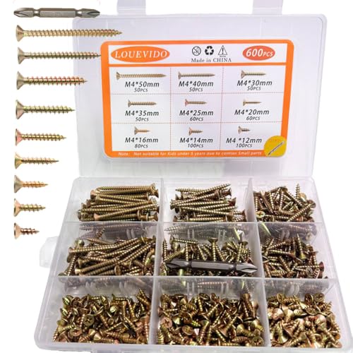 600PCS M4 Wood Screw Assortment Kit, Phillips Flat Head Self Tapping Wood Screws with Storage Box & Screwdriver Bit, 9 Sizes (M4 x 12/14/16/20/25/30/35/40/50mm) for Woodworking, Furniture Repair & DIY YELLOW 600