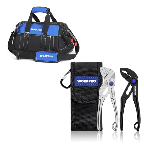 WORKPRO 16-inch Wide Mouth Tool Bag & WORKPRO 2-Piece Mini Pliers Set