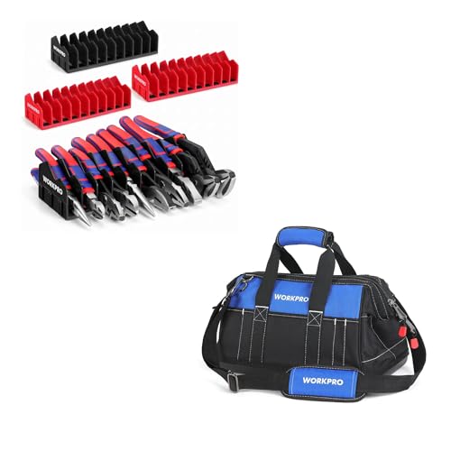 WORKPRO 16-inch Wide Mouth Tool Bag & WORKPRO 4-Pack Plier Organizer Rack, Pliers Holder and Cutter Organizers