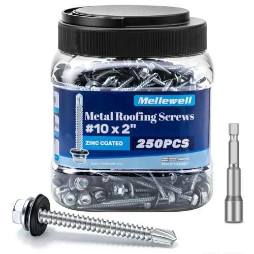 Mellewell #10 x 2 Self Drilling Metal Roofing Screws, Sheet Metal Roof Screws with EPDM Rubber Washer, Hex Head Self Tapping Screws, Hex Bit Socket Included, Carbon Steel, 250 PCS Silver #10 x 2"
