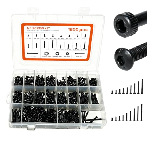 1600PCS Metric M3 Hex Socket Head Cap Screws Kit, Black Oxide Carbon Steel Fasteners with Nuts Washers, 16 Sizes, Storage Case for Electronics DIY Furniture Assembly