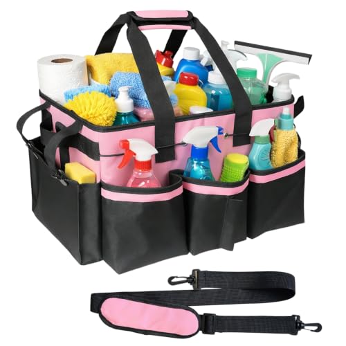 BLIRITEL Large Cleaning Caddy Bag with Handle, Cleaning Caddy Organizer with Shoulder Strap, Multi-Compartment Cleaning Supply Tote for Cleaners & Housekeepers (Pink) Pink