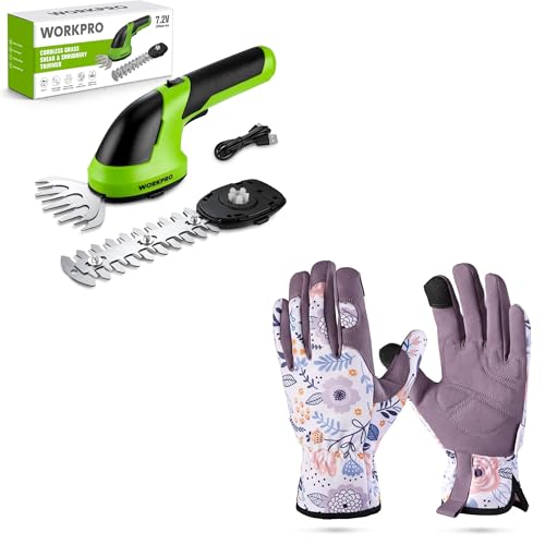 WORKPRO Cordless Grass Shear & Shrubbery Trimmer & WORKPRO Floral Garden Gloves for Women