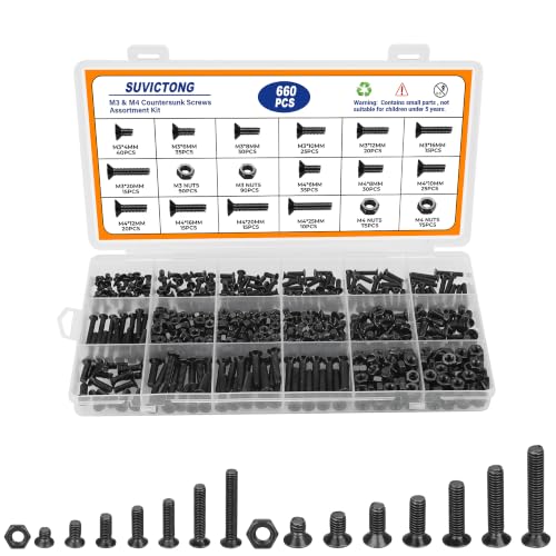 660pcs M3 M4 Countersunk Screws Assortment Kit,Carbon Steel Bolts and Nuts 660pcs-CountersunkScrewsM3M4