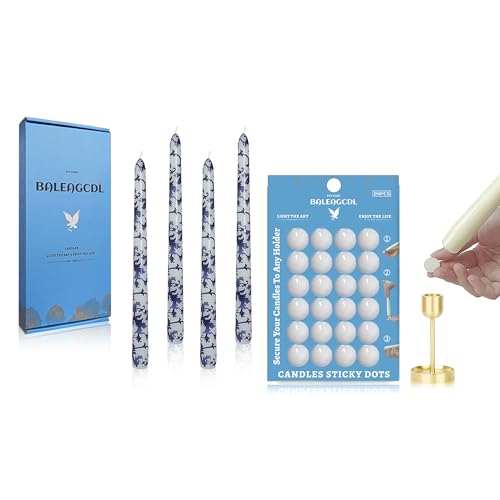 24Pcs Candle Sticky Dots & 4Pcs 10 Inch Blue White Floral Spiral Taper Candles, Unscented Tapered Candlesticks Set for Wedding Home DIY