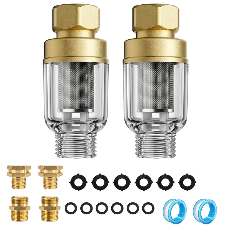 2 Pack Sediment Water Filter for Washing Machine, Inline Water Pre-Filter with 3/4" Adapters & Extension Tubes, 50 Micron, Reusable Stainless Steel Screen Brass PreFilter for Water Heater, Faucet