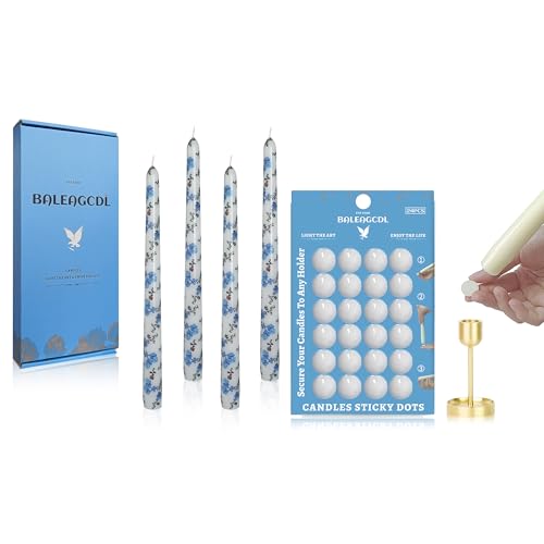 Taper Candle Sticky Dots, 24 Pack White Wax Unscented Traceless Adhesive Dots for Secure Candle Placement DIY Projects, with 4Pcs 10 Inch Handmade Blue Red Flower Floral Spiral Taper Candlesticks for