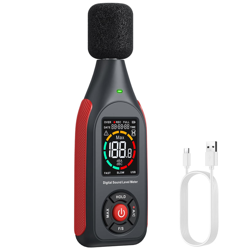 BINTA Decibel Meter Sound Level Meter 30dB to 130dB | With data acquisition and graphic printing, 43,000 data sets, A/C weighted, MAX, 3-colour alarm for DIY shops