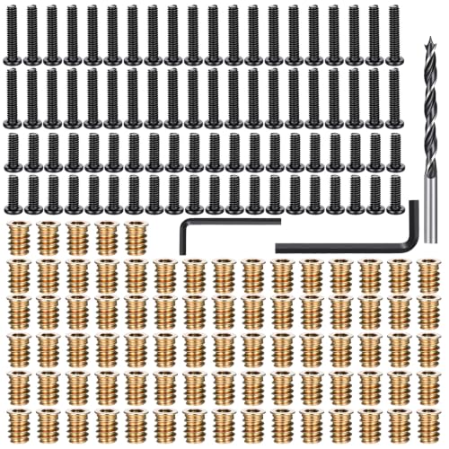 163-Piece 1/4"-20 Threaded Inserts for Wood Furniture, 80 Brass Insert Nuts, 40pcs 1/4"-20 x 3/4" Bolts, 40pcs 1/4"- 20 x 1-1/4" Bolts, Twist Drill Bit & 2 Wrenches, Complete Furniture Fastener Kit