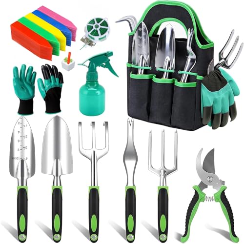 11-Piece Garden Tools Set – Heavy Duty Aluminum Alloy Hand Tools with Ergonomic Non-Slip Handles, Rust Resistant – Includes Trowel, Rake, Pruner & Carry Tote Bag – Gardening Kit for Women & Men