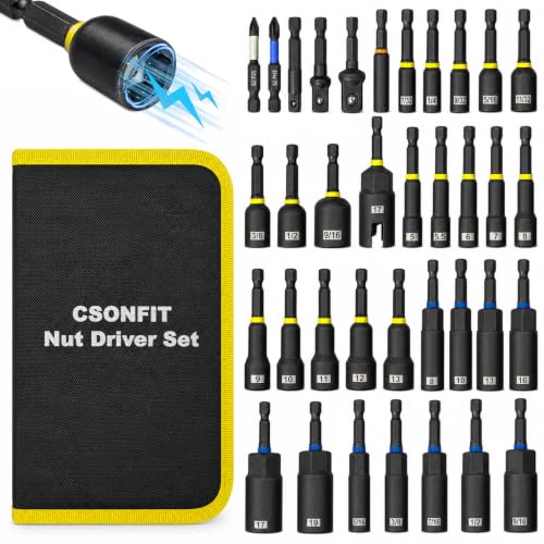 36PCS Magnetic Nut Driver Set, Metric and SAE Nut Driver Set for 1/4" Quick-Change Hex Shank, Impact Drill Driver Bit Set with Storage Bag