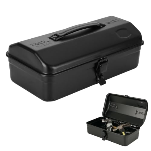Small Metal Tool Box 12 Inch Metal Box with Lid Steel Tool Box 1PCS Black 12IN