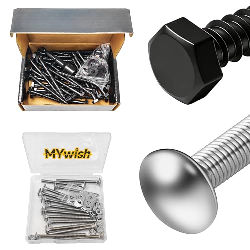 Mywish 1/4" x 3" Hex Head Lag Bolts & (14 Sets) 1/4-20 x 3 Carriage Bolts Screws Round Head Square Neck and Hex Nuts & Flat Washers, Lag Screws Wood Screws, Full Threaded 304 Stainless Steel Bright Fi