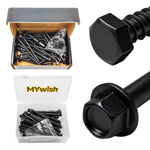 Mywish 1/4" x 3" Hex Head Lag Bolts & 50Pcs 4 Inch Wood Screws, #14 x 4 Heavy Duty Outdoor Wood Screws Assortment Kit Deck Screws, Black Timber Screws Lag Bolts, Lag Screws Wood Screws