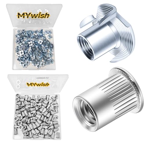 Mywish 100Pcs 1/4-20 Nut, T Nuts 4-Jaw Tee Nuts for Bolts and Stem Caster Wheels & 100Pcs 1/4-20 Rivet Nuts Hardware Nuts, 1/4 20 Nut Threaded Inserts Rivnuts for Wood & Metal, 1/4 UNC Rivnuts Rivets