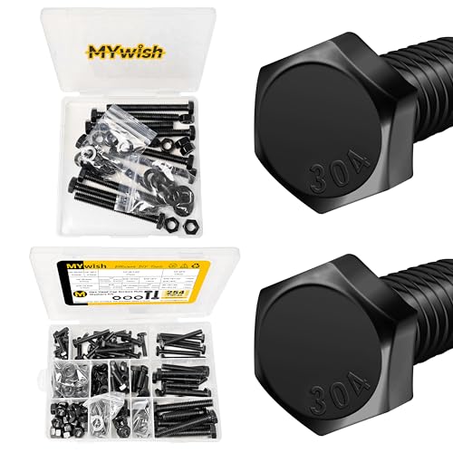 Mywish (10 Sets) 5/16-18 x 3" Hex Head Bolts and Nuts & 254Pcs Nuts and Bolts, 1/4 20 5/16 18 3/8 16 Bolt, Heavy Duty 304 Stainless Steel Bolts and Nuts Kit with Flat Spring Washers, Fully Threaded