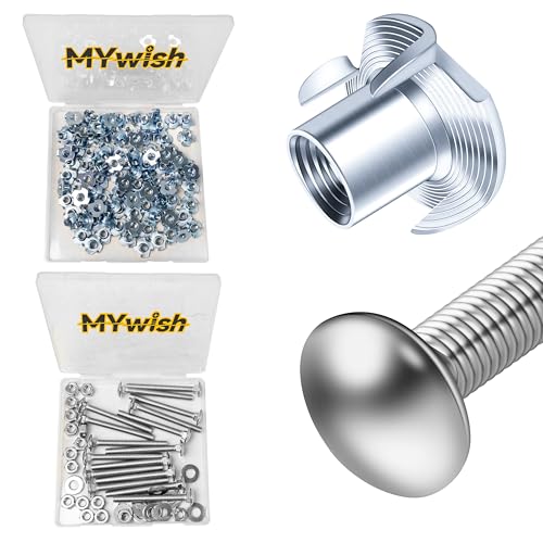 Mywish 100Pcs 1/4-20 Nut, T Nuts 4-Jaw Tee Nuts for Bolts and Stem Caster Wheels & (16 Sets) 1/4-20 x 2-1/2 Carriage Bolts Screws Round Head Square Neck and Hex Nuts & Flat Washers